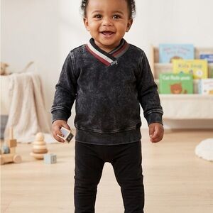 Baby Black Acid-Wash V-Neck Sweatshirt with Stripe Trim matching set